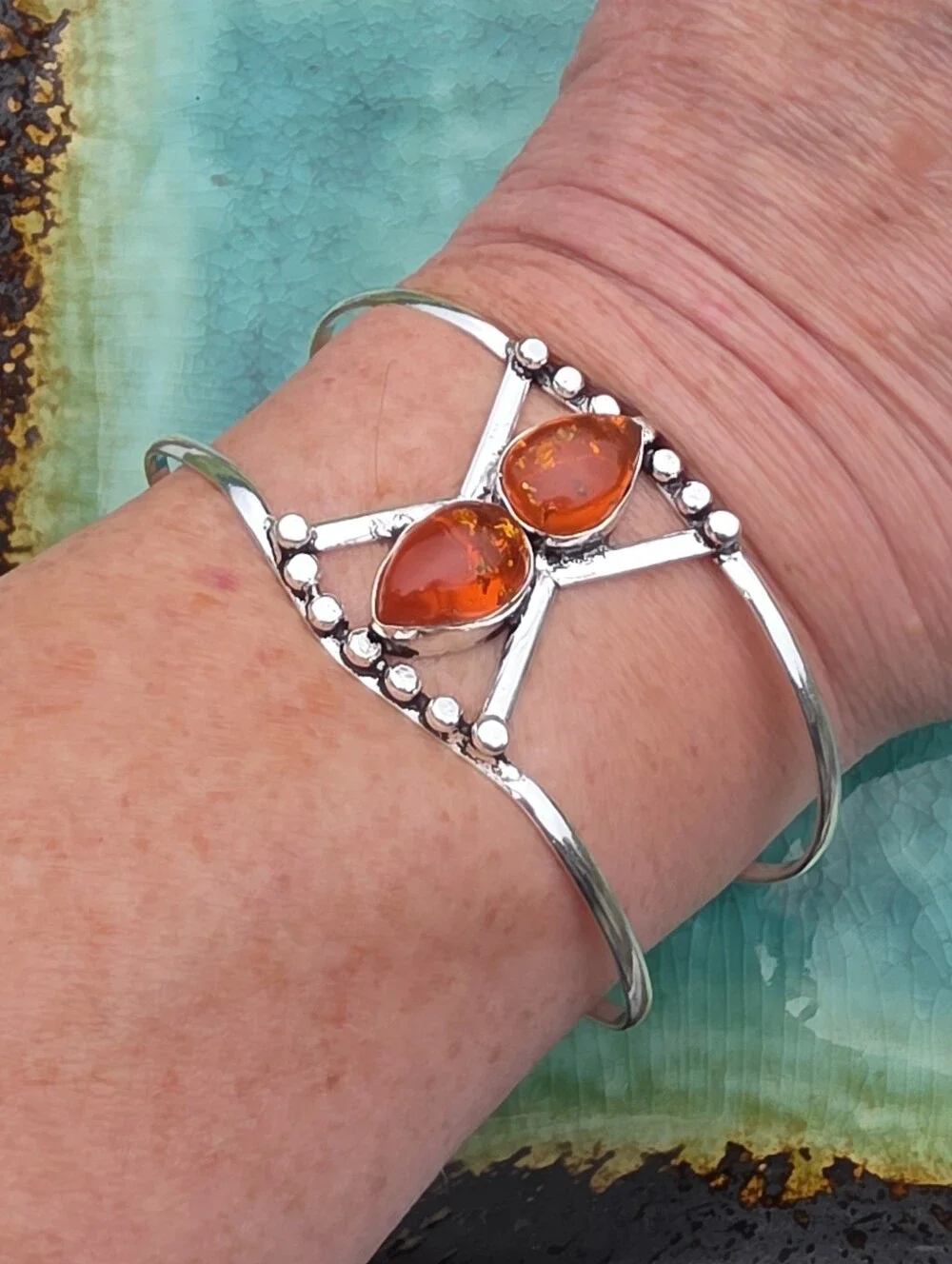 Baltic Amber Cuff Bracelet In 925 Sterling Silver (Adjustable)